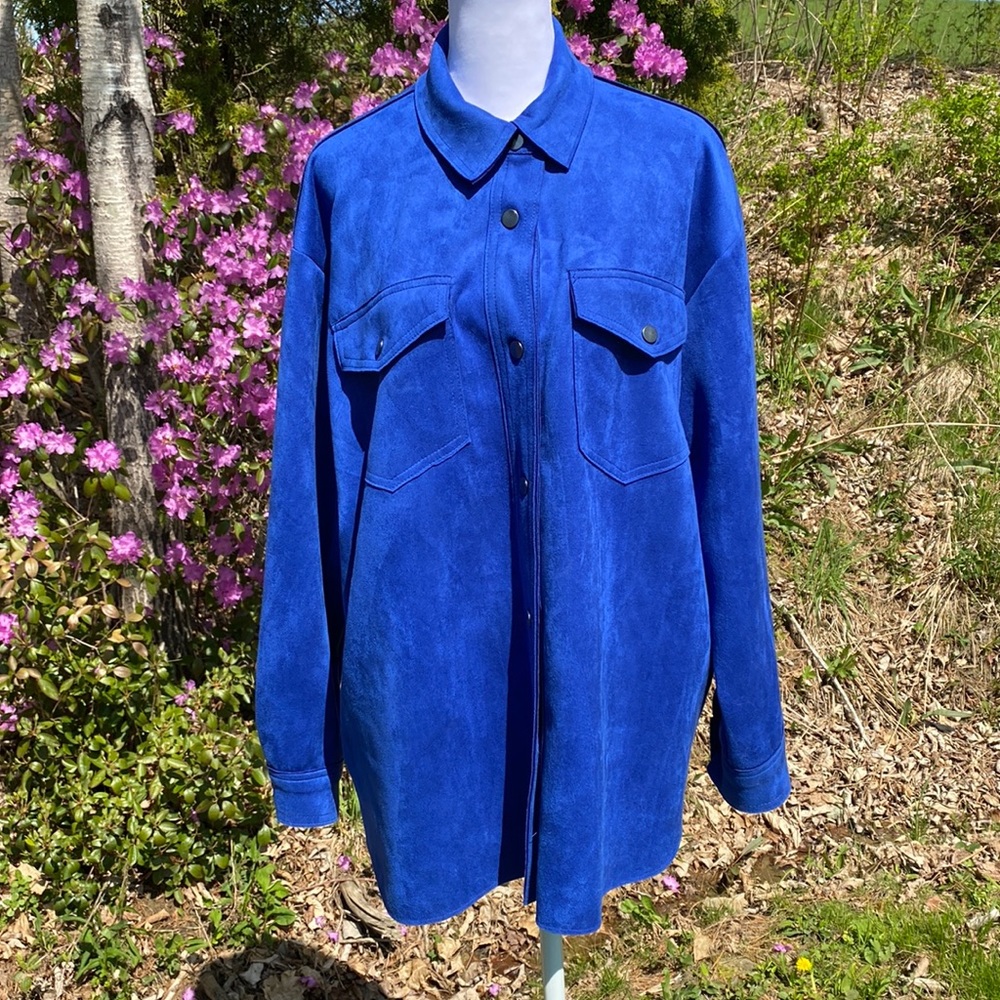 Zara Blue Faux Suede oversized Shacket Overshirt Jacket size Small